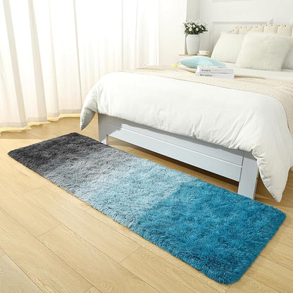 DweIke Luxury Shaggy Runner Rugs for Bedroom, 2x6 Feet Fluffy Runners Carpet for Girls Boys Kids, Non-Slip Extra Comfy Plush Bed Beside Rug for Living Room Nursery Home Decor, Black and Blue