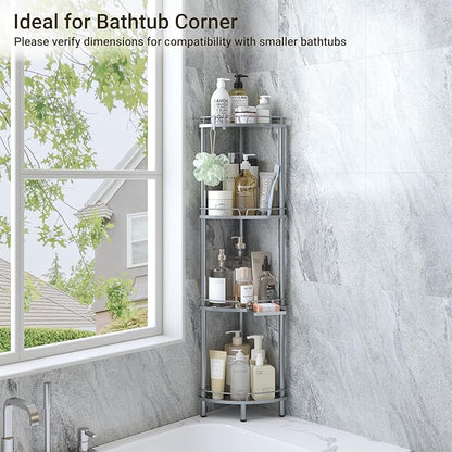 ELYKEN Corner Shower Caddy Standing, 4 Tier Rustproof Metal Shower Organizer with Soap Holder, Floor Shower Corner Shelf Rack Storage Stands with Adjustable Feet & 2 Hooks for Bathroom, Silver