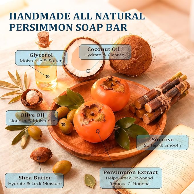 120g Persimmon Soap for Old People Smell, Natural Persimmon Extract Deodorant Body Wash Soap for Men & Women, Gentle Body Odor Control & Eliminator, All Skin Types