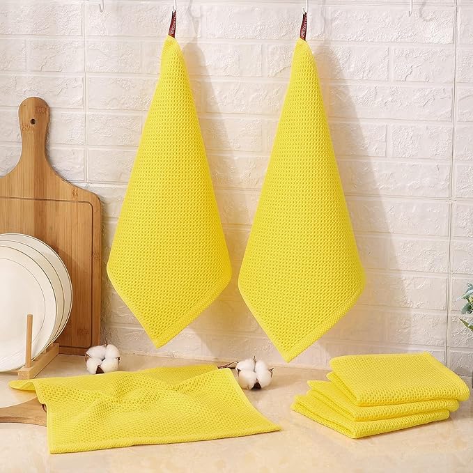 Kitinjoy 100% Cotton Kitchen Dish Cloths, 12 Pack Waffle Weave Ultra Soft Absorbent Dish Towels for Drying Dishes Quick Drying Kitchen Towels Dish Rags, 12 X 12 Inches, Yellow