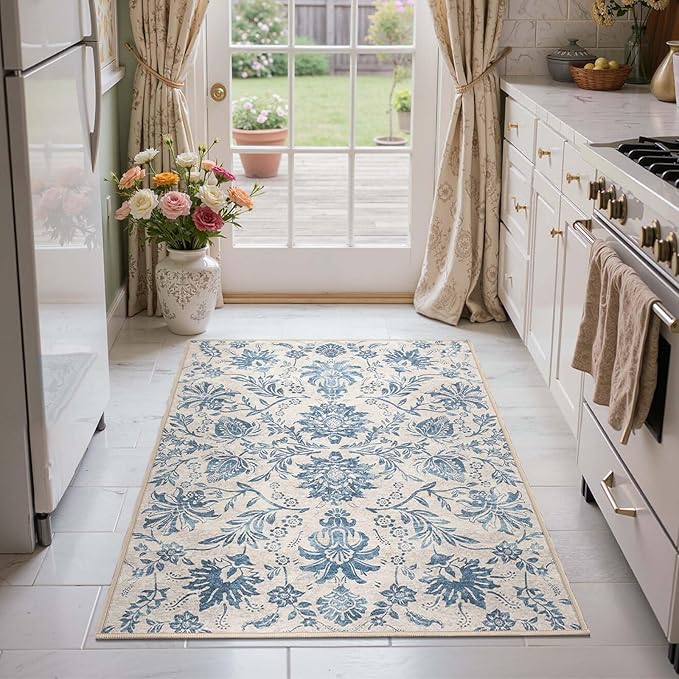 jinchan 3x5 Area Rugs for Entryway, Vintage-Inspired Floral Design Machine Washable Non-Slip Low-Pile Rug, Ultra-Thin Indoor Traditional Accent Carpet for Entrance Kitchen Bedroom Hallway, Dark Blue