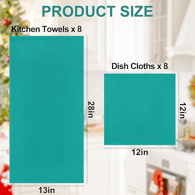 Homaxy 100% Cotton Kitchen Towels and Dishcloths Set, 12 x 12 Inches and 13 x 28 Inches, Set of 16 Bulk Kitchen Towels Set, Ultra Soft Absorbent Dish Cloths for Washing Dishes, Teal