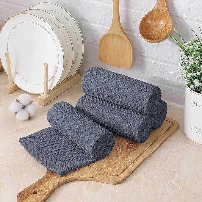Kitinjoy 100% Cotton Kitchen Towels and Dishcloths Set, 8 Pack Waffle Weave Dish Towels Ultra Soft Absorbent Quick Drying Dish Rags, 13 x 28 Inch and 12 X 12 Inch, Dark Grey