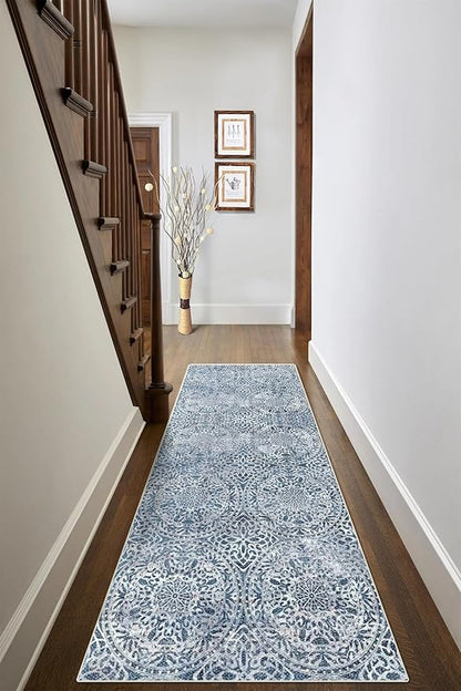 vivorug Runner Rug 2'x8' Machine Washable Non-Slip Runners for Hallways Kitchen Entryway Laundry Room Vintage Medallion Carpet Hallway Runner Blue