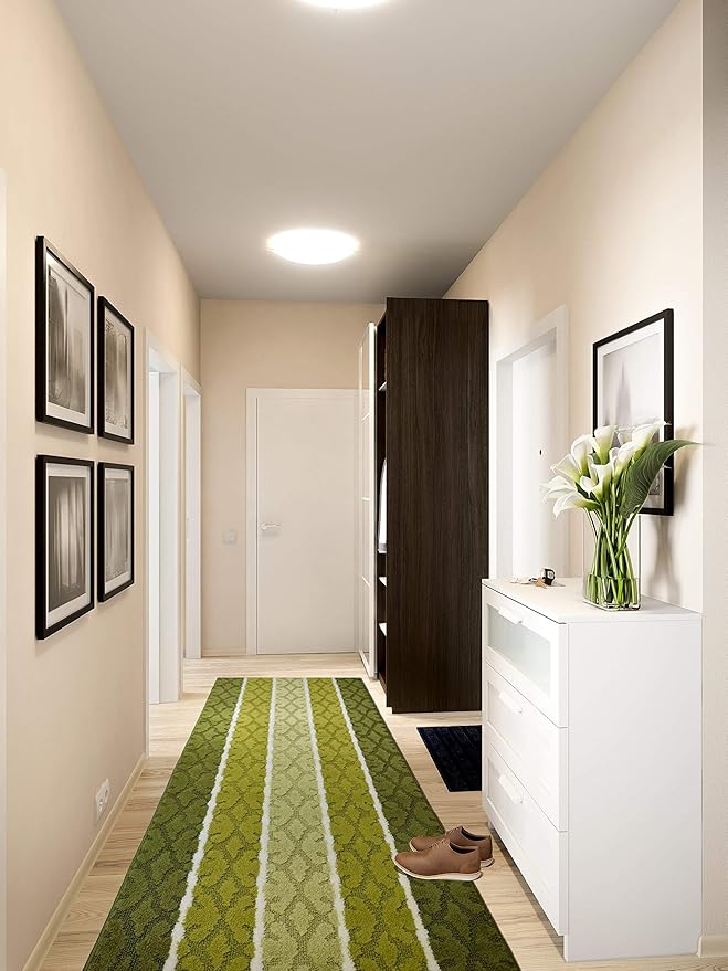 Custom Size Hallway Runner Rug, Slip Resistant, 26 Inch Wide x Your Choice of Length Size, Damask Green, 26 Inch X 6 Feet, Sold and Priced Per Foot