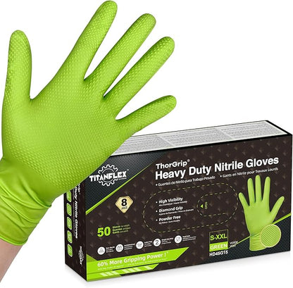 TitanFlex Heavy Duty Industrial Nitrile Gloves with Raised Diamond Texture, 8-mil, Latex Free, Powder Free (Green/Dark Green)