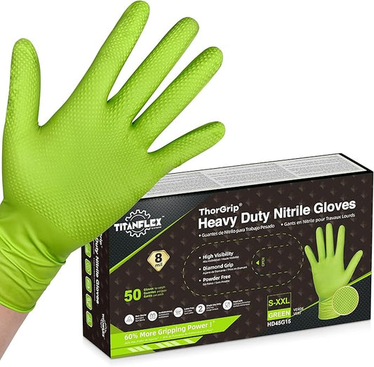 TitanFlex Heavy Duty Industrial Nitrile Gloves with Raised Diamond Texture, 8-mil, Latex Free, Powder Free (Green/Dark Green)