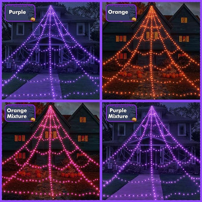 Spider Webs Halloween Decorations Outdoor 455 LED Halloween Spider Web Lights Decoration with 59" Large Spider & 3.53 oz Stretch Cobweb 11 Lighting Modes 16.4 Ft Light Up Giant Spider Web