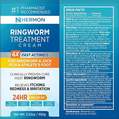 Hermon Powerful Antifungal Ringworm Cream - Effective Treatment for Stubborn Ringworm, Jock Itch, Eczema, Tinea Versicolor, Athlete's Foot - for Adults and Kids - 100ml