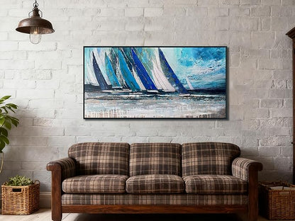 Arjun Framed Wall Art Blue Abstract Wall Art Canvas for Living Room, Teal Coastal Nautical Sailboat Picture Painting Artwork Bedroom Home Office Wall Decor, Black Wood Large 40"x20"