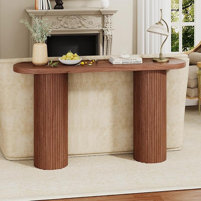 55 Inch Console Table, Fluted Entryway Table, Mid-Century Modern Sofa Table Behind The Couch, Hallway Tables, Curved Sofa Stand for Hallway, Living Room, Foyer Walnut