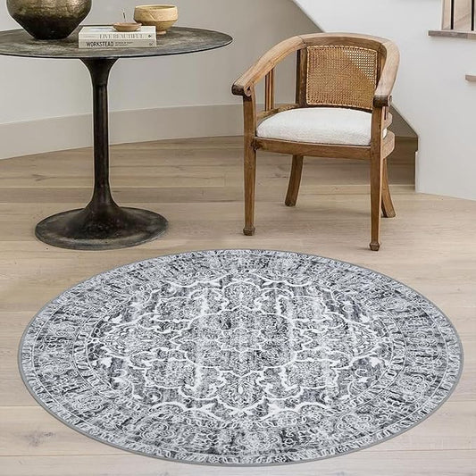 KUTA Vintage Round Rug 3ft, Washable Boho Indoor Small Area Circle Rugs, Grey Blue White Non-Slip Printed Medallion Carpet for Entryway Kitchen Dining Room Table Living Room