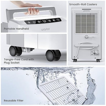Waykar 2000 Sq. Ft Most Efficient Energy Star 2025 Dehumidifier for Home and Basement with Auto or Manual Drainage, Quiet 33dB Operation, 0.6 Gallon Water Tank Capacity