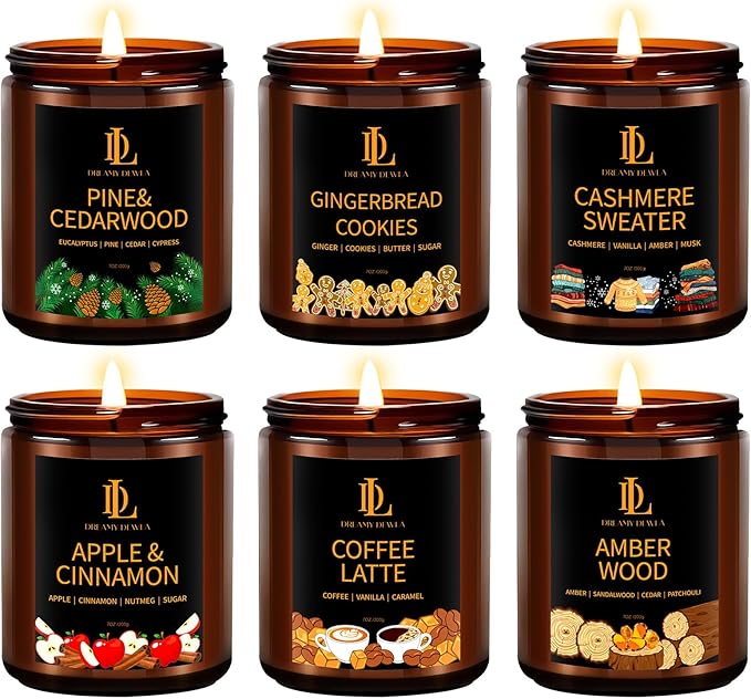 Winter Candle Set, 6 Pack Soy Candles for Home, Holiday Vanlentine's Day Gifts for Women Men, Winter Scents of Gingerbread/Apple Cinnamon/Coffee Latte/Pine Cedarwood/Amber Wood/Cashmere Sweater