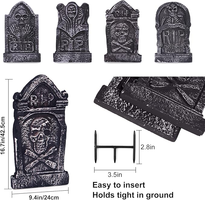 Sizonjoy Halloween Decorations, Foam RIP Graveyard Tombstones, 4 Pack Graveyard Headstone Decorations with 8 Bonus Stakes for Lawn Outside Decor (17In)