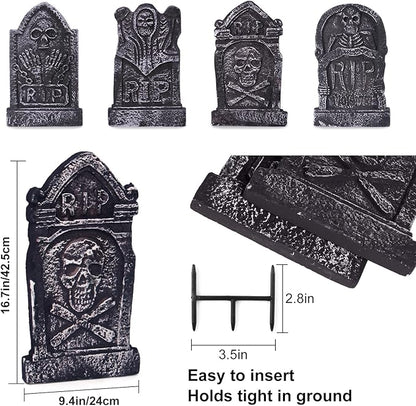 Sizonjoy Halloween Decorations, Foam RIP Graveyard Tombstones, 4 Pack Graveyard Headstone Decorations with 8 Bonus Stakes for Lawn Outside Decor (17In)