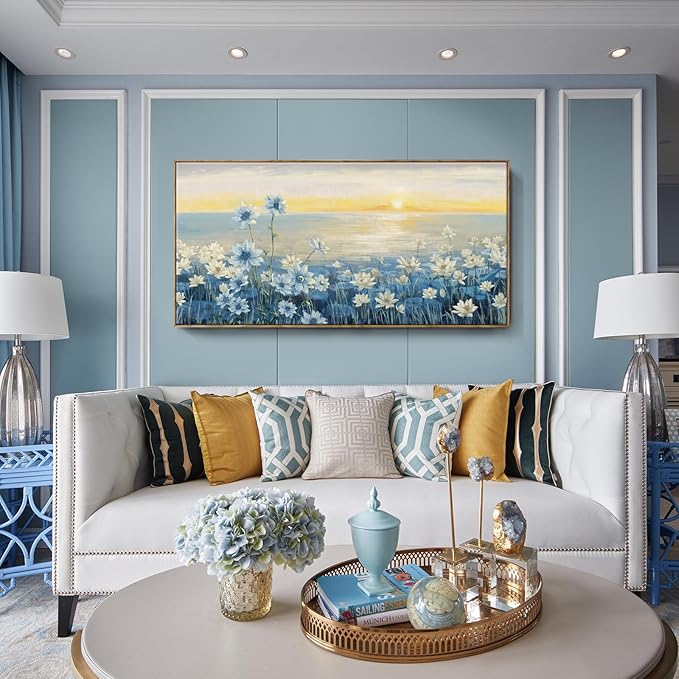 amatop Extra Large Wall Art for Living Room Modern Framed Coastal Beachy Canvas Wall Art Big Floral Sunrise Blue Wall Picture Oversized Lake Nature Sunset Artwork for Office Bedroom Decor 58"x29"