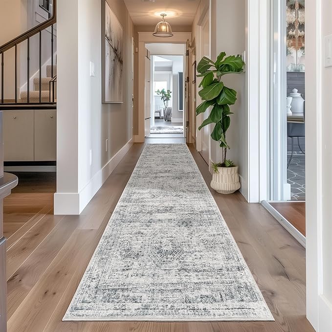 Washable Runner Rug 2.5x12, Non-Slip Long Bathroom Rugs Runner for Kitchen, Living Room, Bedroom, Soft Vintage Rug for Entryway, Thin Floor Mat for Dining Room(2.5'x12', Grey/Ivory)