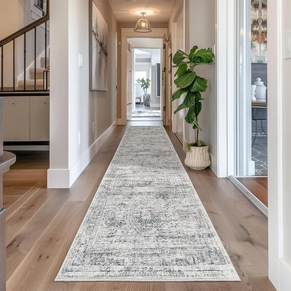 Washable Runner Rug 2.5x12, Non-Slip Long Bathroom Rugs Runner for Kitchen, Living Room, Bedroom, Soft Vintage Rug for Entryway, Thin Floor Mat for Dining Room(2.5'x12', Grey/Ivory)