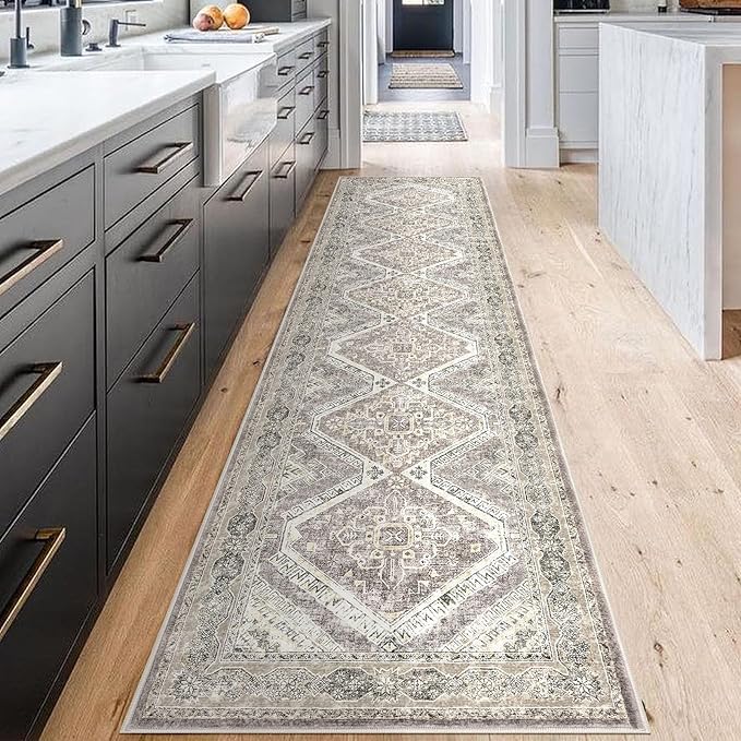 KUTA Vintage Washable Runner Rug 2.6x12, Non-Slip Hallway Kitchen Rugs with Rubber Backing, Ivory Grey Yellow Brown Ultra Soft Printed Oriental Distressed Carpet Long Runners for Living Room