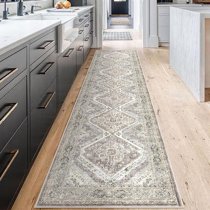 KUTA Vintage Washable Runner Rug 2.6x12, Non-Slip Hallway Kitchen Rugs with Rubber Backing, Ivory Grey Yellow Brown Ultra Soft Printed Oriental Distressed Carpet Long Runners for Living Room