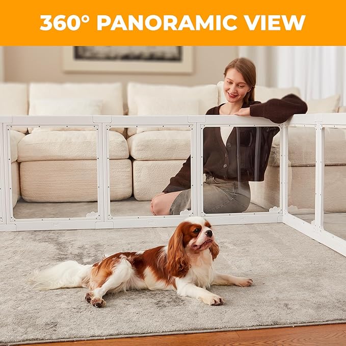 Acrylic Dog Playpen Indoor, Clear Dog Play Pen for Puppies and Small Dogs, Easy Assembly & Clean Puppy Pen (23.6", 12 Panels, White)
