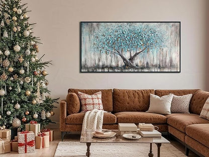 Arjun Framed Blue Tree Extra Large Canvas Wall Art for Living Room Tree of Life Abstract Bedroom Textured Painting, Nature Picture Panoramic Landscape Artwork Home Office Decor, Black Wood 58"x29"