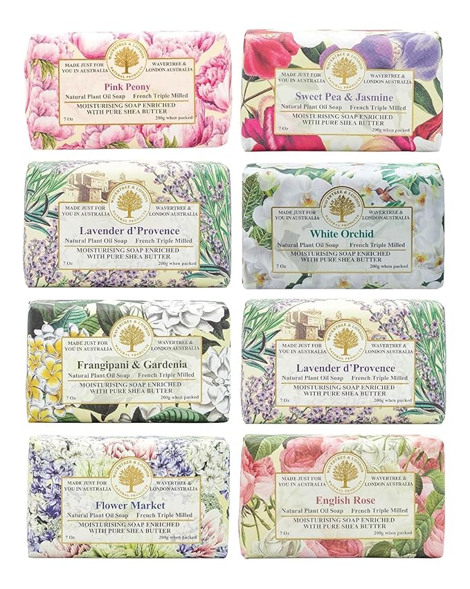 Wavertree & London Assorted Floral Scents Natural Soap Bars (Pack of 8), 7oz Moisturizing Triple Milled Soap Bars Enriched with Shea Butter and Pure Plant Oils | All Body & Bath Soap