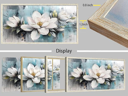 Ardemy Magnolia Wall Art Framed Large Canvas Wall Decor Living Room, White Floral Pictures Wall Decor Teal Paintings FlowerTextured Artwork for Bedroom Dining Room Home Office, 58"x29"