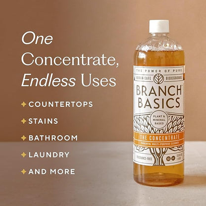 Branch Basics Cleaning Essentials Kit: All Purpose, Glass and Bathroom Cleaner - Concentrate (33.8 Oz) (17 Refills) + Refillable Plastic Spray Bottles (24 Oz) Plant Based, Human-Safe, & Fragrance Free