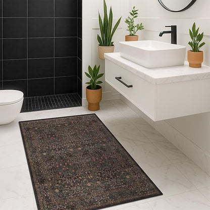 Vintage Dark Brown 3x4 Entryway Rug, Washable Small Area Rugs for Entryway, Kitchen, Bathroom, Door Mat, Indoor Entrance, Oriental Floral Low Pile Stain Resistant Non-Slip Large Rug
