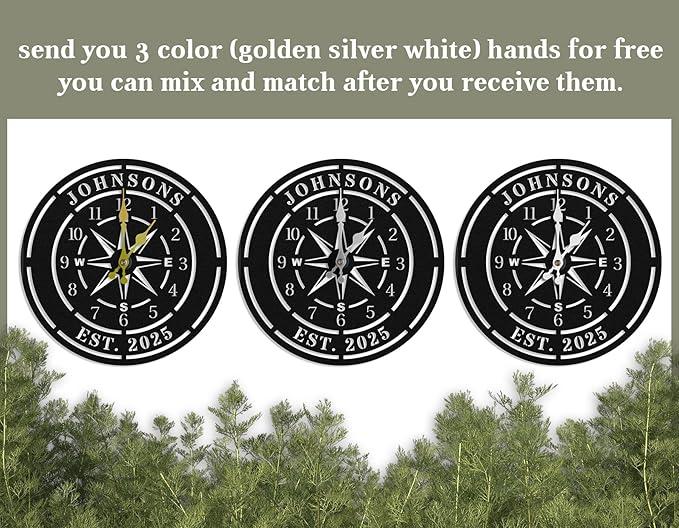 Personalized Compass Wall Clock, Custom Iron Wall Clock with Unique Text, Black Vintage Nautical Decor for Living Room, Office, Mantle, Unique Housewarming Gift, Anniversary Wedding Gift for Him