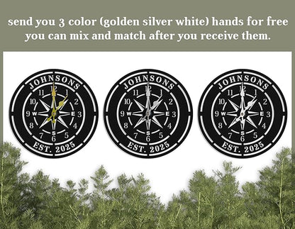 Personalized Compass Wall Clock, Custom Iron Wall Clock with Unique Text, Black Vintage Nautical Decor for Living Room, Office, Mantle, Unique Housewarming Gift, Anniversary Wedding Gift for Him