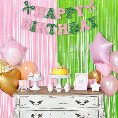 BRAVESHINE Party Streamers Backdrop - 2 Pack 3.2ft X 8.2ft Tinsel Foil Fringe Curtains for Christmas/Fairy/Girl/Birthdays/Wizard/Bridal Shower/Photos Booths/Pink and Green Party Decorations