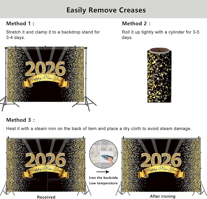 YongFoto 2026 Happy New Year Backdrop 5x3ft Black Gold Photography Background Merry Christmas Night Festival Carnival Celebration Party Banquet Decor Banner Photoshoot Wallpaper Photo Booth