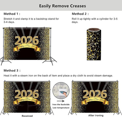 YongFoto 2026 Happy New Year Backdrop 8x6ft Black Gold Photography Background Merry Christmas Night Festival Carnival Celebration Party Banquet Decor Banner Photoshoot Wallpaper Photo Booth