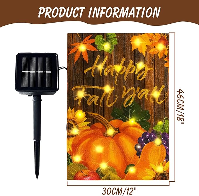 Solar Garden Flag with Lights - Happy Fall Y'all 12 x 18 Double Sided 5 Modes Led Pumpkin Yard Sign for Farmhouse Patio Lawn Harvest Thanksgiving
