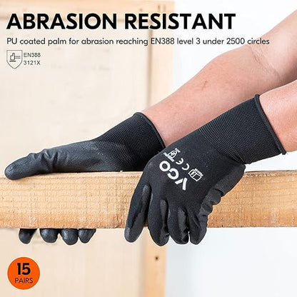 Vgo... 15-Pairs Safety Work Gloves, Gardening Gloves, Polyurethane Coated, Dipping Gloves, Latex Free (Size L, Black, PU2103)