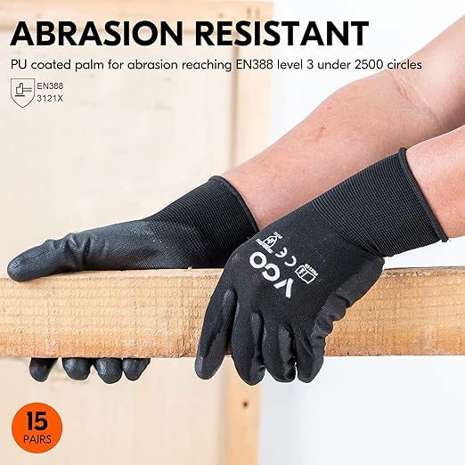 Vgo... 15-Pairs Safety Work Gloves, Gardening Gloves, Polyurethane Coated, Dipping Gloves, Latex Free (Size M, Black, PU2103)