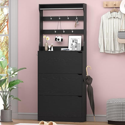 Shoe Cabinet with 3 Flip Drawers & Coat Rack, Narrow Hidden Shoe Storage Cabinet, 2-in-1 Hall Tree Slim Freestanding Shoe Rack Organizer for Entryway, Hallway, and Living Room