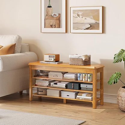 Shoe Rack Bench Seat Rubberwood 3-Tier Wooden Storage Bench 550lbs Compact Mid-Century Modern Design for Entryway, Hallway, Closet, Front Door Entrance, Foyer