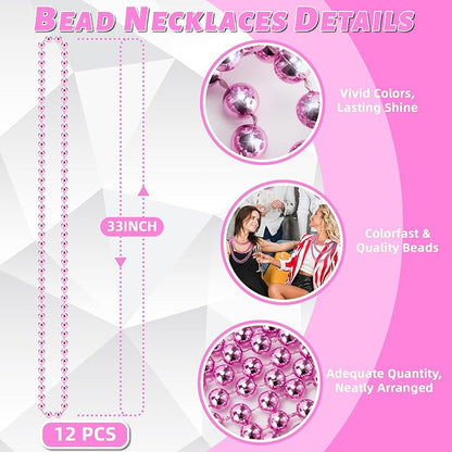 YAXINRUI 12 PCS Pink Bead Necklaces, Pink Mardi Gras Beads, Cancer Awareness Beads Necklaces, Valentine Necklace, 33 Inch Party for Mardi Gras Christmas Cancer Awareness Month Events