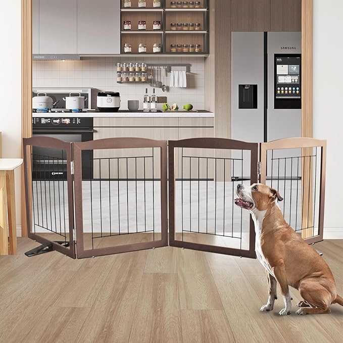 ZJSF Freestanding Dog Fence Indoor, Foldable Dog Gate for Doorways, Stairs or Hallways, Sturdy Wood Extra Wide Pet Gate with Support Feet for The House, Brown, 24 "Height-4 Panels