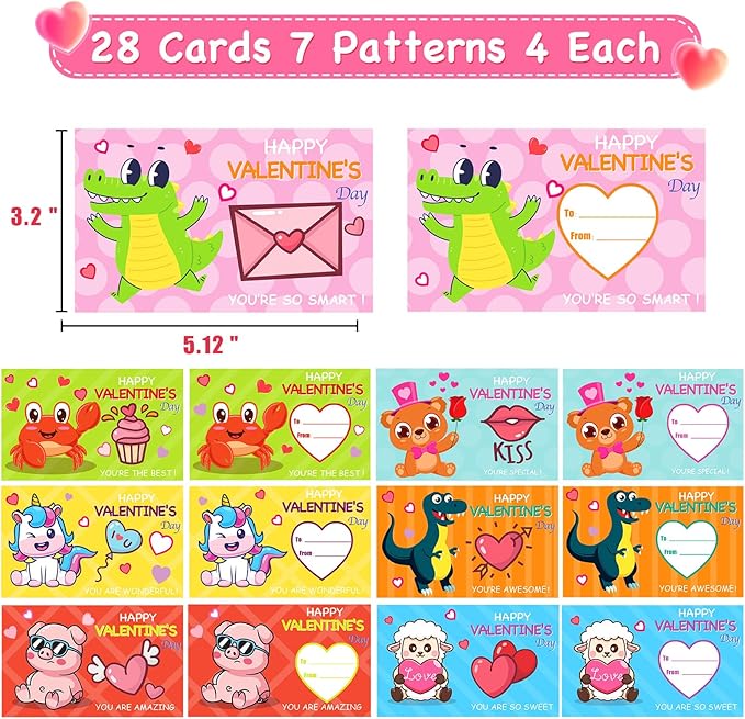 28 Packs Valentine Mochi Squishy Toys with Cards Animal Squishies for Kids Valentines Day Gift Exchange Boys and Girls Classroom Prizes Valentine Party Favors Supplies