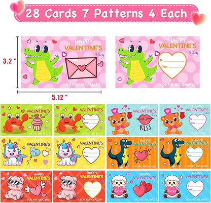 28 Packs Valentine Mochi Squishy Toys with Cards Animal Squishies for Kids Valentines Day Gift Exchange Boys and Girls Classroom Prizes Valentine Party Favors Supplies