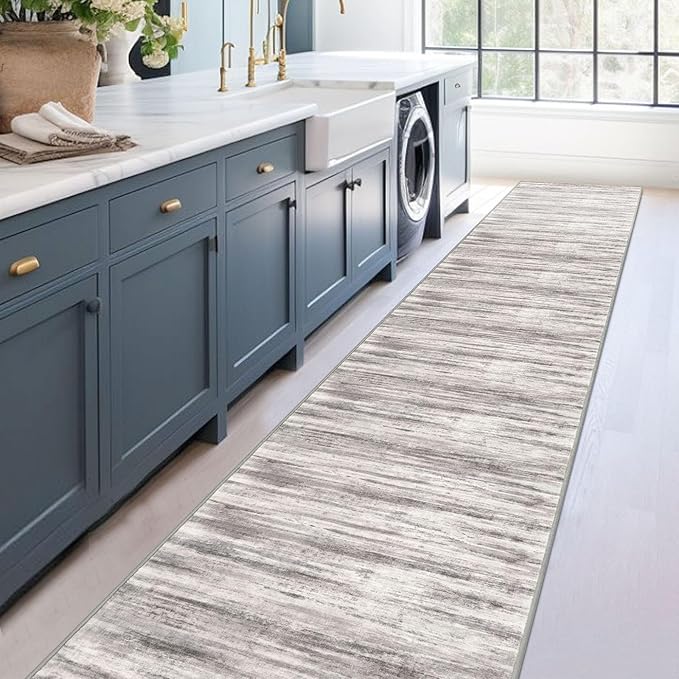 KOZYFLY Modern Abstract Washable Rug Runner 2.6x18 Hallway Rug Runner Non-Slip Soft Kitchen Runner Rugs, Grey-Beige Striped Carpet for Entryway Bathroom Laundry Room Foyer