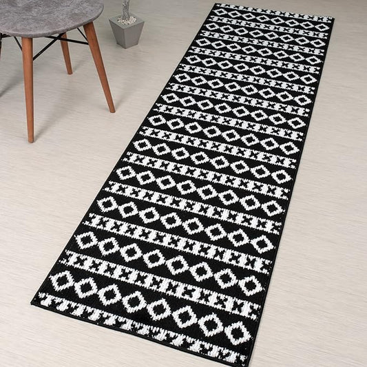 26 Ft Extra Long Non-Slip Black-White Hallway Kitchen Runner Rug, 2'7" X 26' Washable Carpet - Rubber Backed, Custom Length Floor Mat for Entryway Stairs Bedroom Bathroom Mudroom