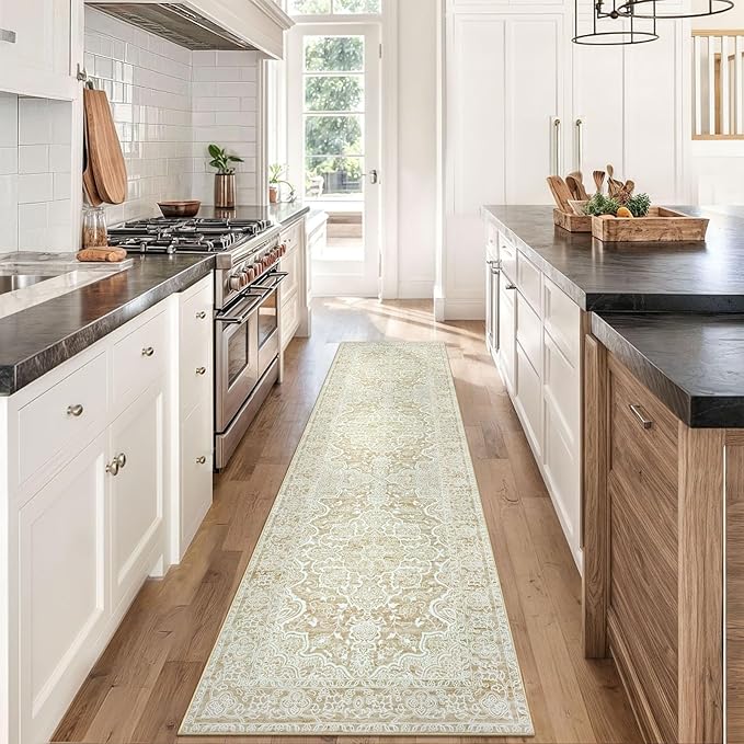 KUTA Hallways Runner Rug 2x8 Beige Yellow, Vintage Floral Kitchen Rugs Non-Slip Washable Ultra Soft Printed Retro Distressed Flower Carpet Entryway Runers for Bedroom Nursery Hallways