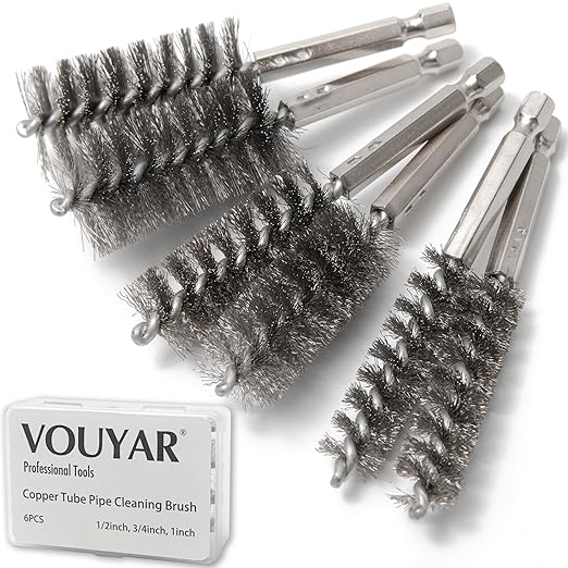 6pcs Copper Tube Pipe Cleaner, 1/2” 3/4” 1” Pipe Cleaning Brush Set, Stainless Steel Wire Bore Brushes for Power Drill, 1/4 Inch Hex Shank
