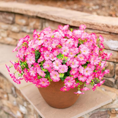 Artificial Flowers Fake Plants for Outdoors Decoration, 12 Bundles Pink Silk Morning Glory with Eucalyptus Realistic UV Resistant Faux Flowers Greenery for Outside Planter Yard Garden Home Indoor